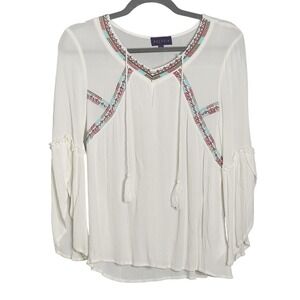 Artesia Embroidered Peasant Top Womens Small White Bell Sleeve V-Neck Tassel Tie